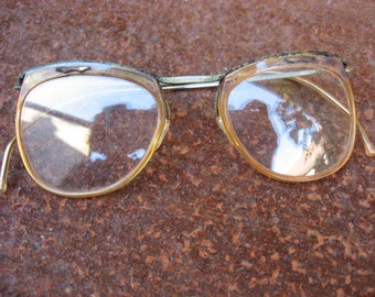 1950s VINTAGE FRENCH EYEGLASSES with silver metal browline mono top and clear plastic rims. True mid century eye wear collector project.