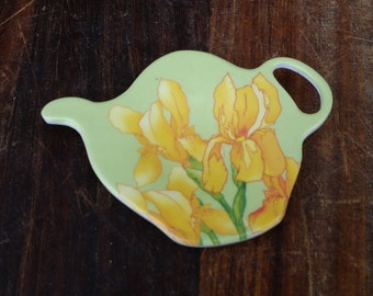 French SILEA TEABAG HOLDER with yellow Iris  flowers on teapot design from France. Could also be used as spoon rest.