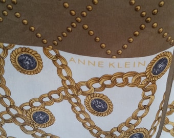 Vintage ELEGANT ANNE KLEIN Silk Scarf in subtle earth tone colors and classic gold chain design luxury. Goes with everything.