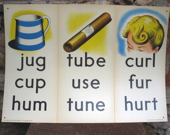 Könnte beinhalten: Eine alte, pädagogische Karte mit drei Feldern. Das erste Feld zeigt einen blau-weiß gestreiften Krug mit den Wörtern "jug", "cup" und "hum". Das zweite Feld zeigt ein braunes Rohr mit den Wörtern "tube", "use" und "tune". Das dritte Feld zeigt eine blonde Frau mit einer Locke im Haar mit den Wörtern "curl", "fur" und "hurt".