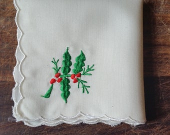 Vintage HOLLY LEAVES and BERRIES French Handkerchief, embroidered and scalloped edges. Mid century Christmas or Gardeners gift.