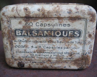 1930s BALSAMIC MEDICINE BOX from a French Pharmacy. Unique vintage Apothecary Pill Tin for Capsules.
