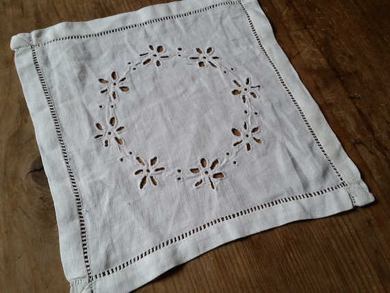 Antique FRENCH EMBROIDERED LINEN Handkerchief, wh… - image 1