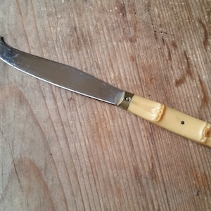May include: A stainless steel cheese knife with a cream-colored handle. The handle has a decorative design and a small hole.