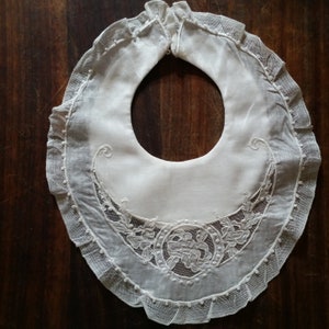 Edwardian ANTIQUE CHRISTENING BIB of French lace and linen. Perfect for special dinners, or as child's collar embelishment also. image 1