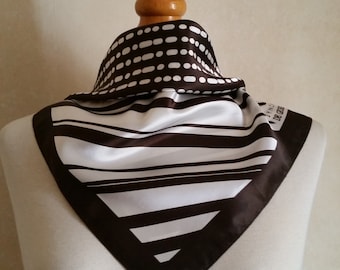 Vintage Geometric Parisien Neckerchief by Georges Rech  of stripes and polka dots in satin. Unique chocolate brown and white neck scarf.