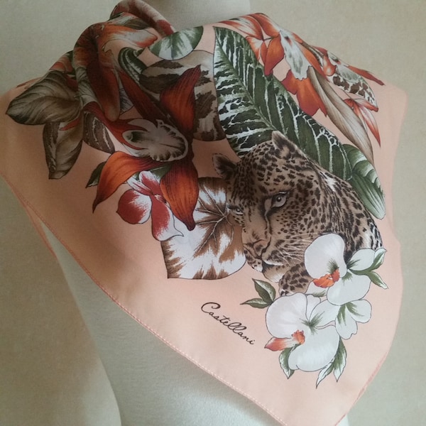 Vintage LEOPARDS and FLOWERS SCARF by Castellani, made in Italy. Amazing attention to detail in the faces of these wild cats and a kitten.