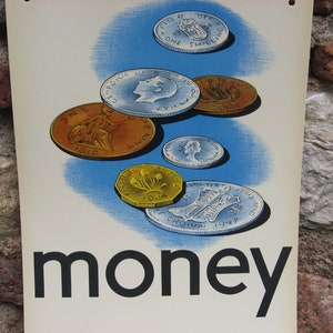 Vintage ENGLISH GELD POSTER für das Lernen von Reimwörtern in der Schule.  1960er Jahre tolles Wandgeschenk für Buchhalter, Banker oder Münzsammler
