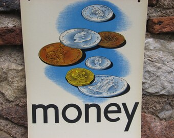 Vintage ENGLISH MONEY POSTER for learning rhyming words in school.  1960s great wall hanging gift for accountant, banker or coin collector