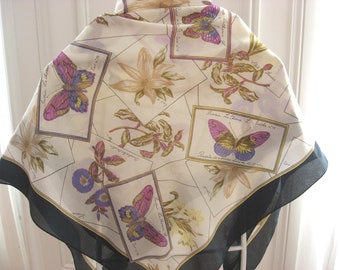 Vintage NATURE LOVER SCARF of butterflies and flowers with Italian names. Pretty headscarf for the outdoor gardening woman.