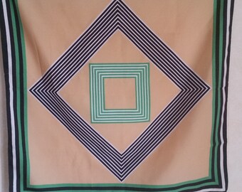 1960s GROOVY RETRO SCARF, French vintage geometric diamond design of black on green, tan and white.