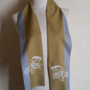 Antique Car French Scarf, Model T Automobiles on Stripes of Gold and