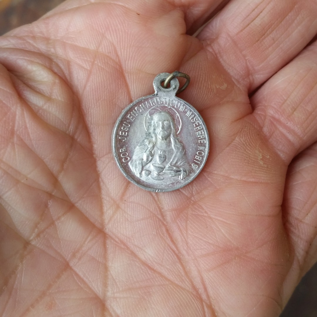 Vintage SACRED HEART JESUS Prayer Pendant With Virgin Mary and Child on ...
