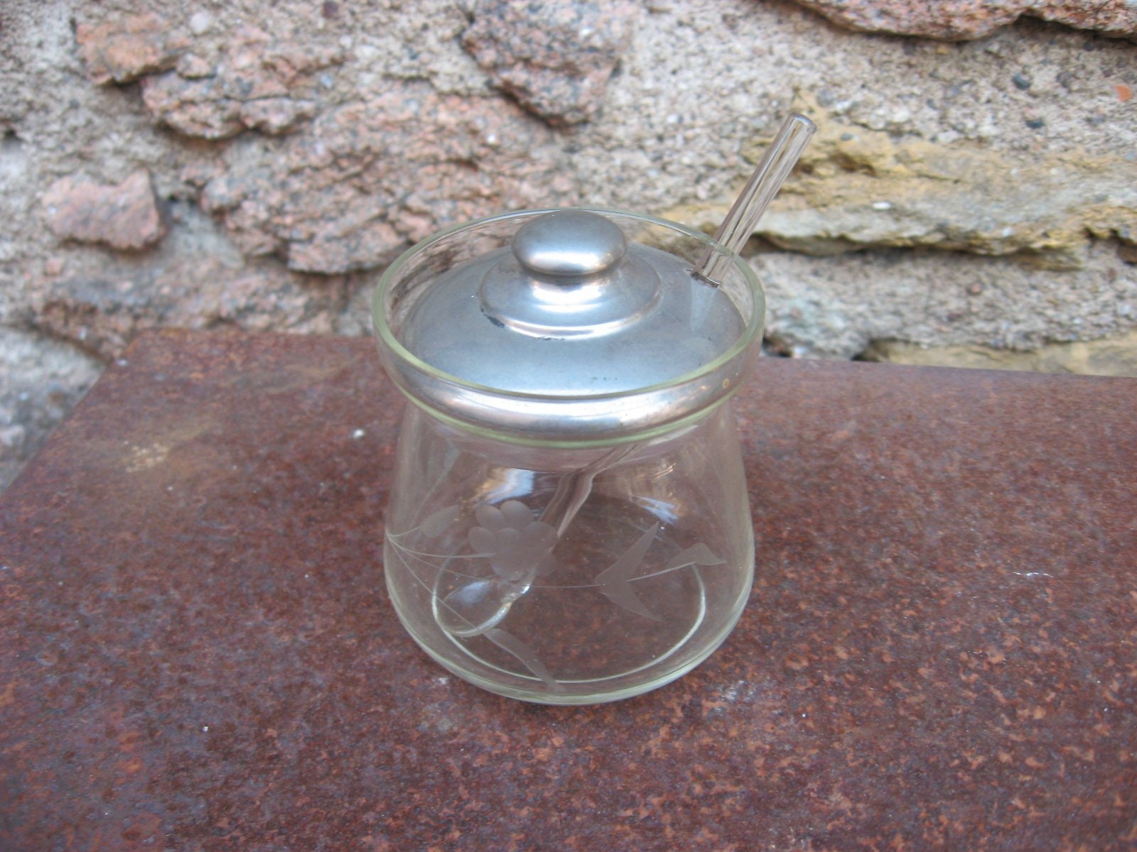 Pot Art Nouveau Jam Antique avec Cuillère en Verre et Couvercle Galvanisé. Joli Pot de Moutarde à Mo