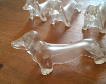 Dachshund art deco style figurines in clear lucite. 6 vintage French 1960s knife cutlery rests make a fun dog lover gift.