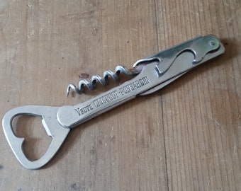 Vintage VEUVE CLICQUOT CORKSCREW and bottle top opener. French Champagne multitool with foil knife blade.