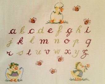 Vintage FRENCH ALPHABET SAMPLER of cute ducklings hatching and bees buzzing. Completed cross stitch project material.
