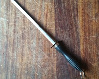 Vintage FRENCH KNIFE SHARPENER with rubber handle and ring for hanging.  Classic butchers blade sharpening tool.