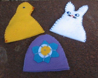 Cute TRADITIONAL EGG COZIES, felt covers of a rabbit, chick and  flower design. Hand stitched felt, set of 3.