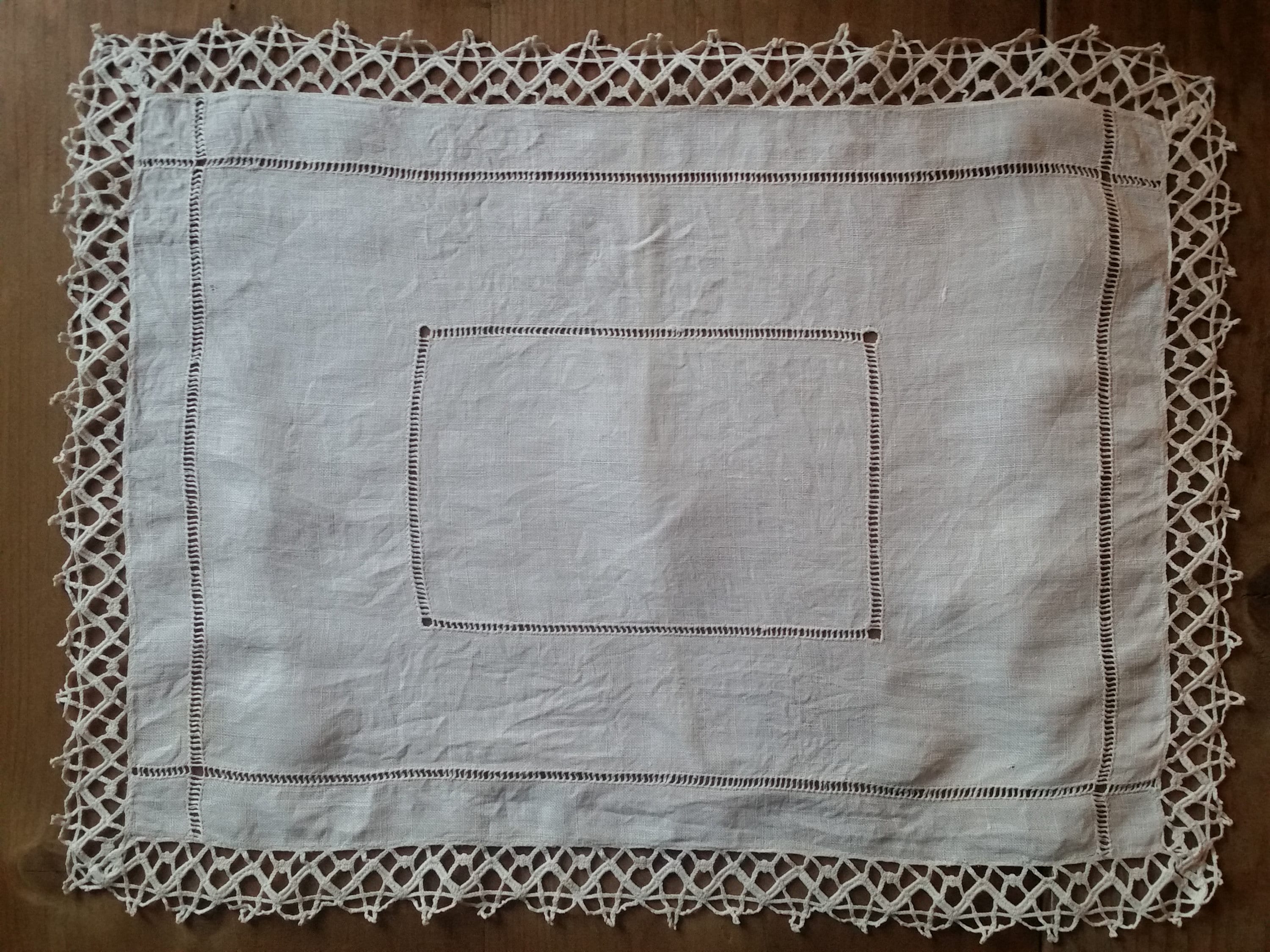 Antique FRENCH COUNTRY RUNNER in quality linen with hand made bobbin lace edges and cut out work. Rectangular table centre piece.
