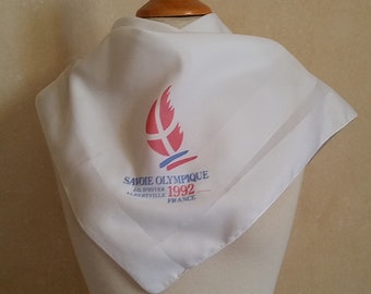 Rare 1992 French WINTER OLYMPICS SCARF, Savoie France. Vintage sports games memento in red white and blue.