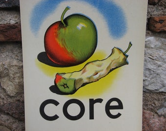 1960s APPLE SCHOOL POSTER, fun vintage home decor. Great retro art wall hanging art for kitchen or child's room.