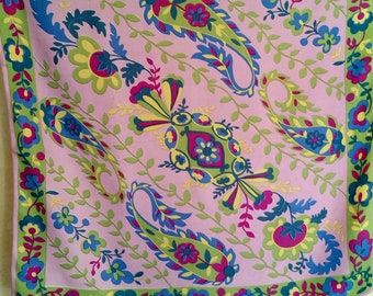 1960s GROOVY BOHO FLOWERS French Vintage Scarf of floral design in neon colours. Truly retro fashion for the hip mid century woman.