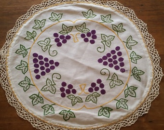Vintage FRENCH WINE LOVER table decor of bunch of grapes and vine leaves. One of a kind hand embroidered Country Life gift.