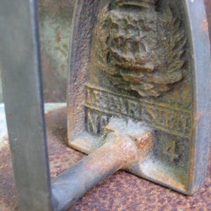 Antique VICTORIAN FLAT IRON 'Le Parisien' and base. Rare French sad hand iron and blacksmith made rustic trivet. image 4