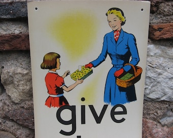 1960s MOTHER and CHILD POSTER of gift giving. Vintage artwork and rhyming words wall hanging.