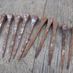 Vintage French square head nails, set of 10. Mid century 1950s village forged farrier horseshoe nails.