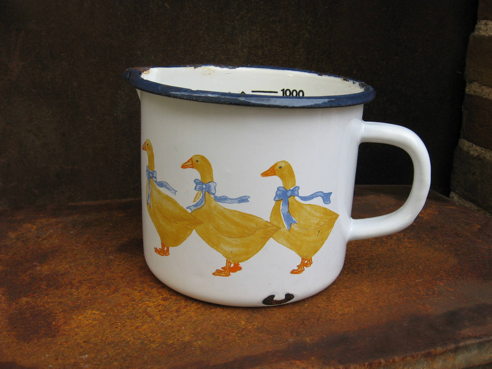 Coupe en Émail Français Vintage avec Décor de Canard Style Campagnard, Mesure 1 Litre ou 4 Tasses. P