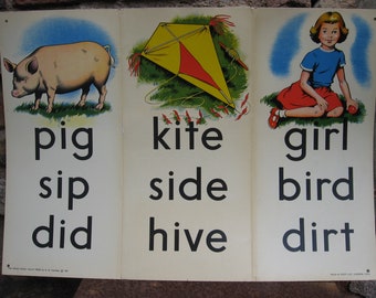 Könnte beinhalten: Eine alte Lernkarte mit drei Feldern. Das linke Feld zeigt ein rosa Schwein mit den Wörtern "pig", "sip" und "did". Das mittlere Feld zeigt einen gelben Drachen mit den Wörtern "kite", "side" und "hive". Das rechte Feld zeigt ein Mädchen in einem roten Rock und einem blauen Hemd mit den Wörtern "girl", "bird" und "dirt".