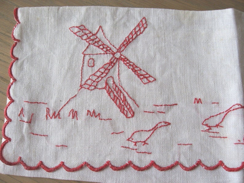 Traditional French Napkin Pocket of stunning quality linen with embroidered windmill and couple in vintage costume One of a kind gift.