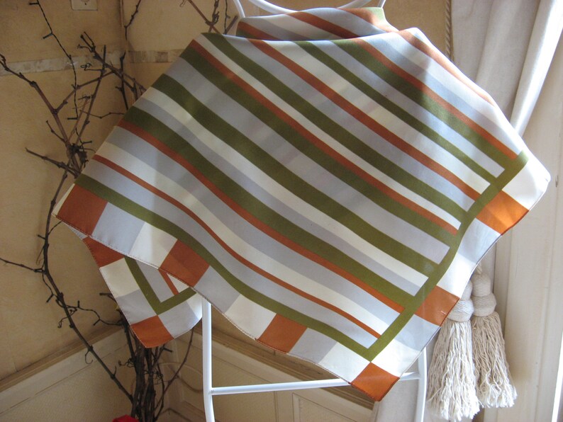 1970s EARTH TONES SCARF in varying stripes. French vintage boho fashion in natural colors of olive, russet and grey. image 4