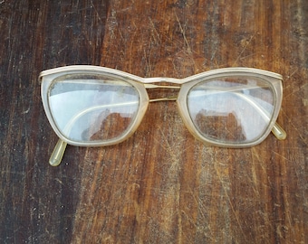 1940s FRENCH READING GLASSES, gold plated vintage browline and arms, with clear cream lucite lens frames for women, marked Azur.