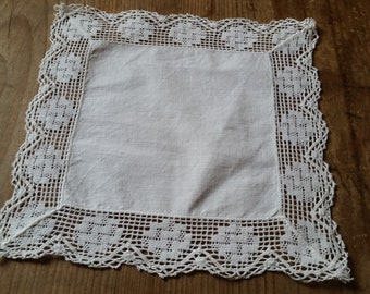 Edwardian Linen and Lace Handkerchief from France. White on white, with geometric flower motif. Something old for a wedding.