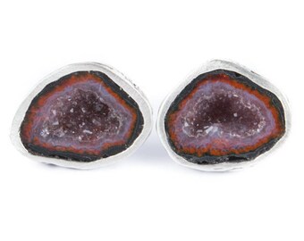 Simple baby agate geode stud earrings, minimalism, silver