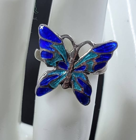 Vintage Siam 925 Silver Blue Enamel Butterfly Ring