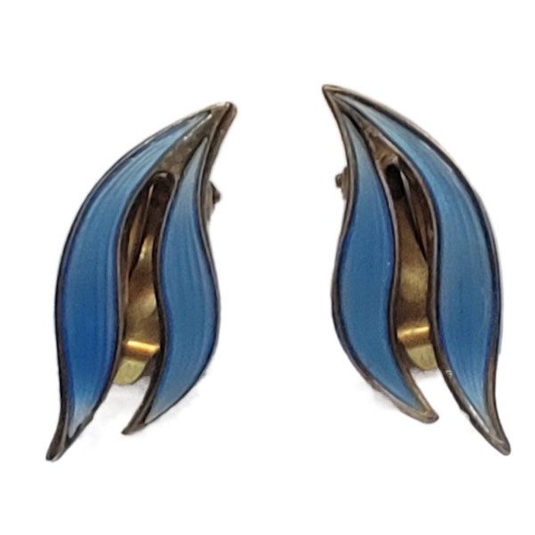 Vintage AKSEL HOLMSEN 925s Sterling Gold Wash Norway Blue Enamel Clip On Earrings