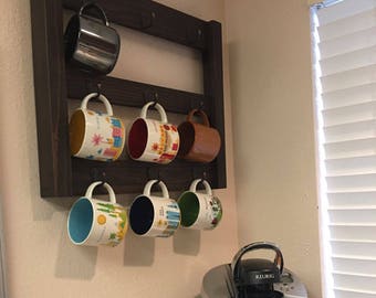 Coffee Cup Rack | Mug Rack | Wood Wall Rack | Coffee Cup Holder | Coffee Mug Display | Coffee Bar | Soil And Sawdust | Kitchen Storage