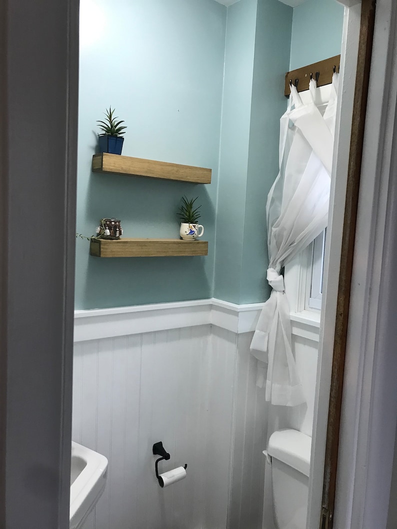May include: A small bathroom with white wainscoting and a light blue wall. There are two wooden shelves with potted plants on them. A white toilet and a white sink are visible. A white sheer curtain hangs in the window.