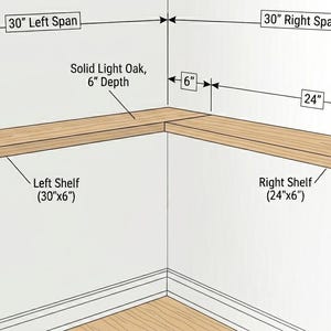 May include: A diagram of two solid light oak corner shelves. The left shelf measures 76.2 cm by 15.24 cm, and the right shelf measures 60.96 cm by 15.24 cm. The illustration includes labels for 76.2 cm left span, 76.2 cm right span, and 15.24 cm depth.