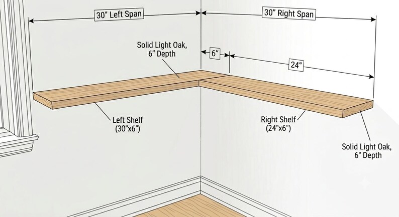 May include: A diagram of two solid light oak corner shelves. The left shelf measures 76.2 cm by 15.24 cm, and the right shelf measures 60.96 cm by 15.24 cm. The illustration includes labels for 76.2 cm left span, 76.2 cm right span, and 15.24 cm depth.