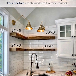 May include: Four dark wood floating shelves mounted in a kitchen corner above a sink. The shelves are labelled with dimensions 24"x6" and 30"x6". Text states: To create a corner shelf, you'll need to order two shelves, as each one is sold individually.