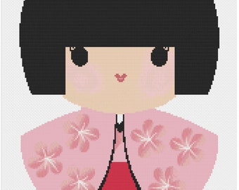 Cute Japanese Doll with Sakura Blossom Kimono, Cherry Blossom Geisha Doll, International Girl Counted Cross Stitch Pattern