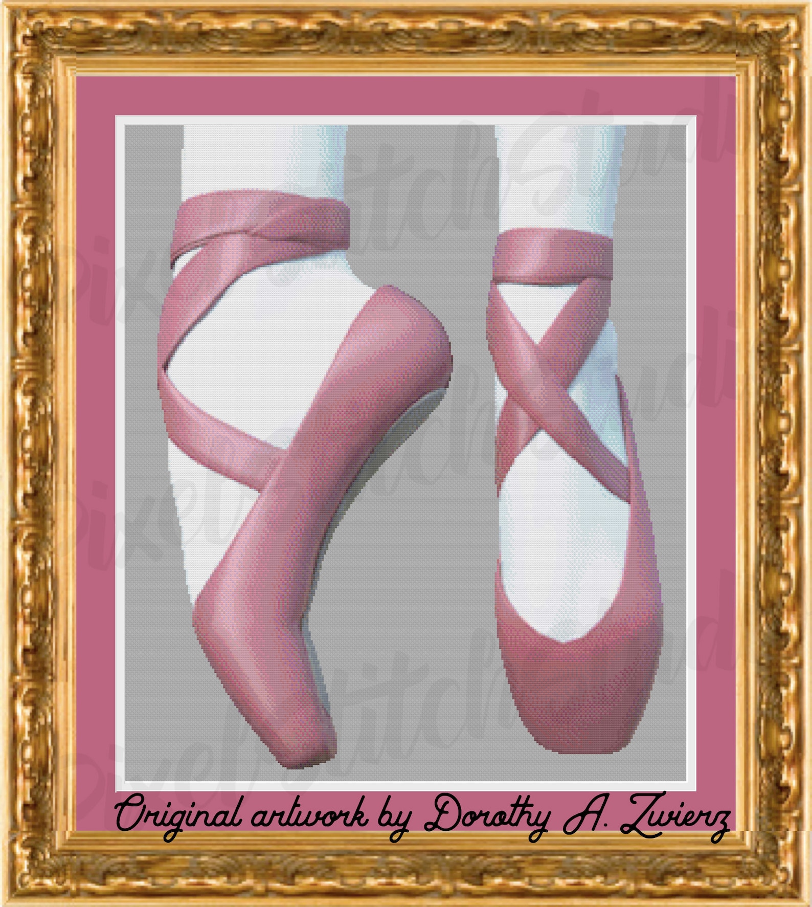 ballet slippers, pink dancing shoes, up on your toes, classic ballerina instant digital download counted cross stitch pattern