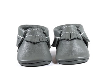 Baby Moccasins, handmade moccasins, baby shoes, grey classic moccasins