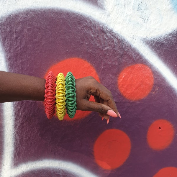 Red Gold Green Wooden Bracelet Set - African Jewellery London - handmade wooden bangles - macrame jewellery bracelet