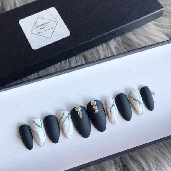 Black matte marble press on nails Swarovski crystal matte | Etsy